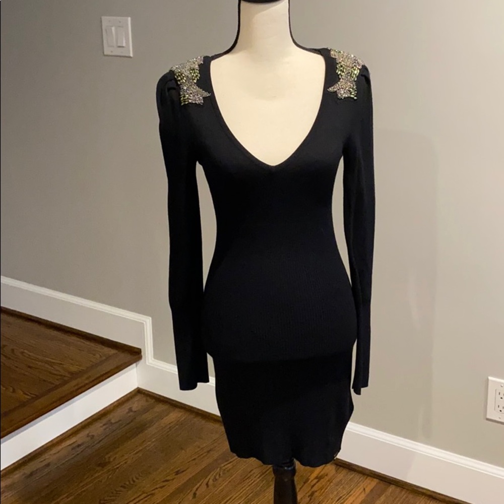 Black Sweater Dress with Embellished Shoulders